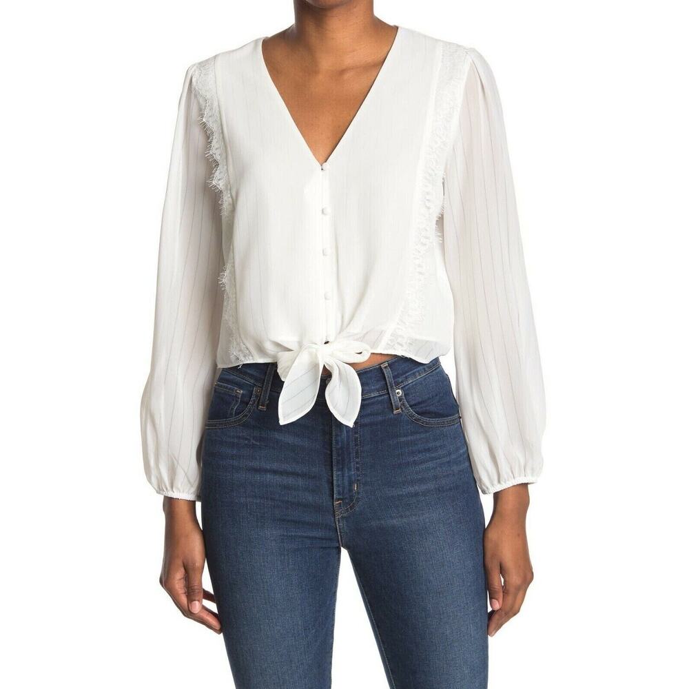 WAYF Women's Lace Trim Knotted‎ Long Sleeve Blouse White XSmall MSRP $59